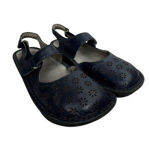 Alegria Womens Sz 8/8.5 Slip Resistant Navy Blue Leather Floral Laser Cut Mary J